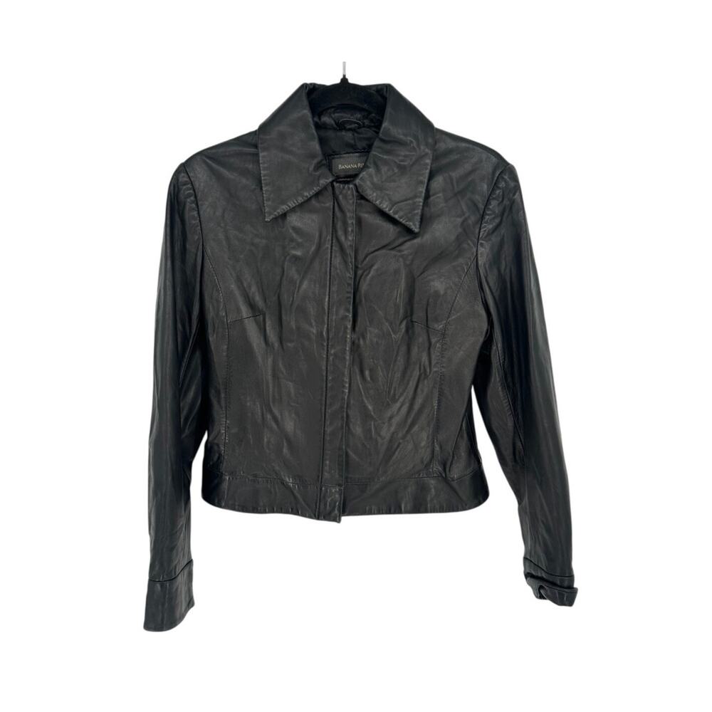 Vintage Banana Republic Leather Jacket Womens XS Black Moto Biker Coat 90s Zip